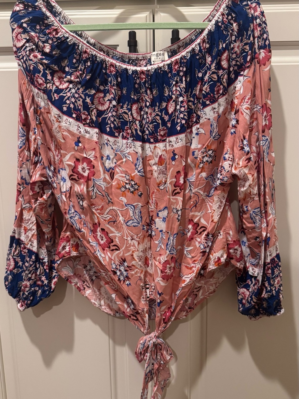 Umgee Peach Floral Boho Tie-Front Tunic with Navy Yoke